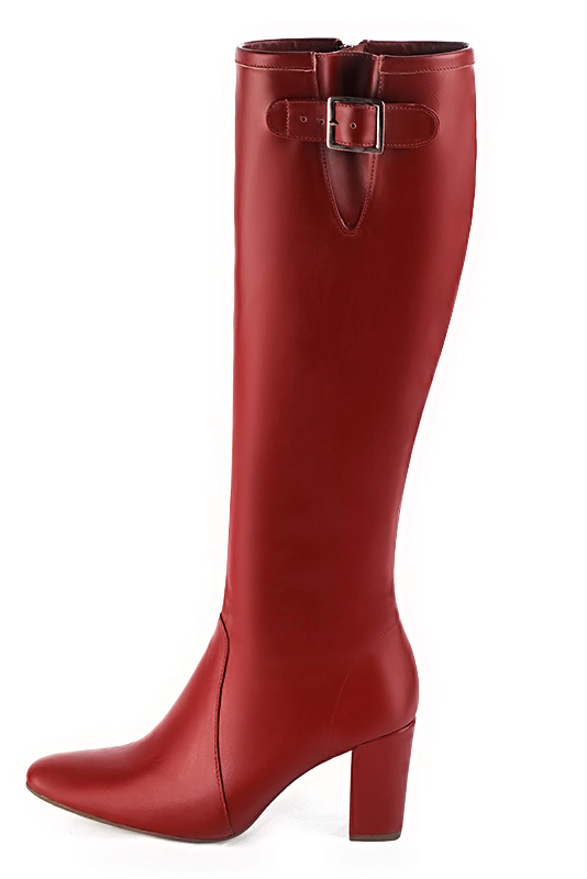 Scarlet red women's knee-high boots with buckles. Round toe. High block heels. Made to measure. Profile view - Florence KOOIJMAN